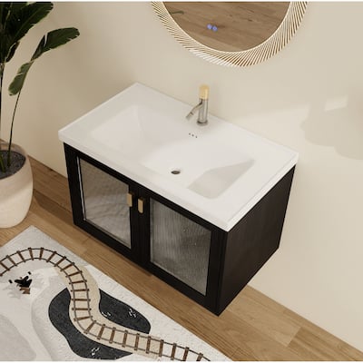 Malwee 28"/32" Floating Bathroom Vanity, Wall Mounted Bathroom Vanity with Ceramic Sink and Soft Close Door