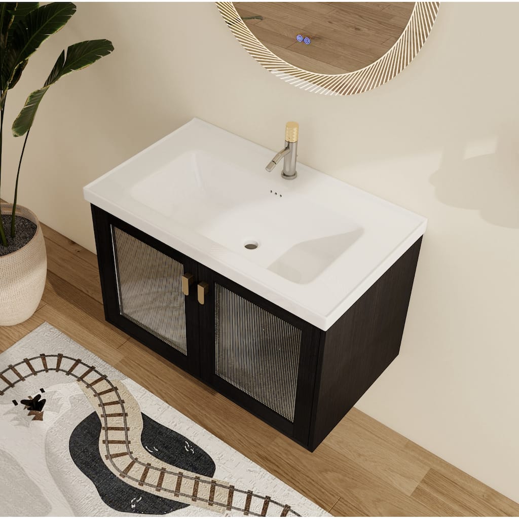 Malwee 28"/32" Floating Bathroom Vanity, Wall Mounted Bathroom Vanity with Ceramic Sink and Soft Close Door