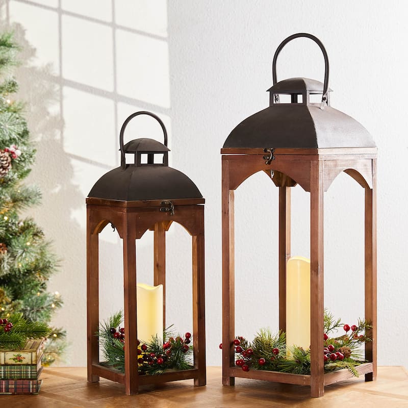 Glitzhome Set of 2 Farmhouse Church Style Hanging Candle Holders Wooden Lanterns Fall Wedding Decor
