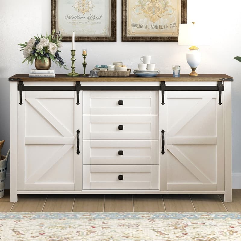 Farmhouse 55.1" Sideboard with Sliding Barn Doors and Storage Drawers, Wood Buffet Table with Power Outlet - White