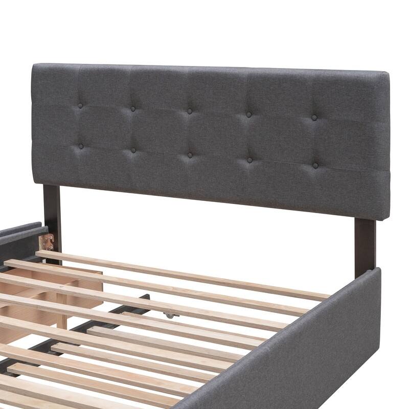Queen Size Bed with 2 Storage Drawers and a Twin XL Trundle, Upholstered Platform Queen Bed Frame with Tufted Headboard