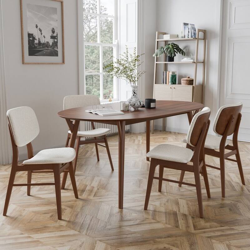 Oval Wooden Dining Set with with Angled Legs in Walnut and Beige
