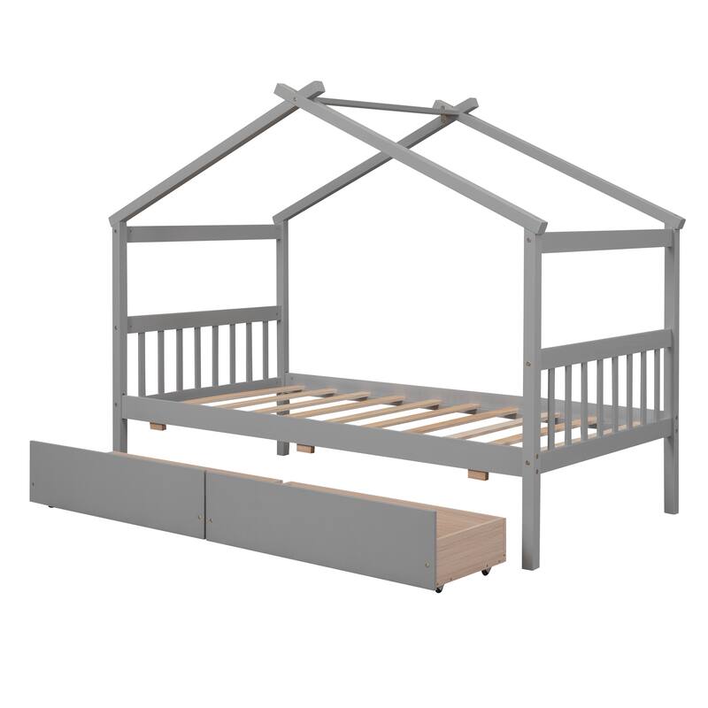 Kids Playhouse Bed Platform Bed with 2 Drawers and Roof, Sturdy Wooden Daybed for Kids, Easy Assembly, No Box Spring Needed