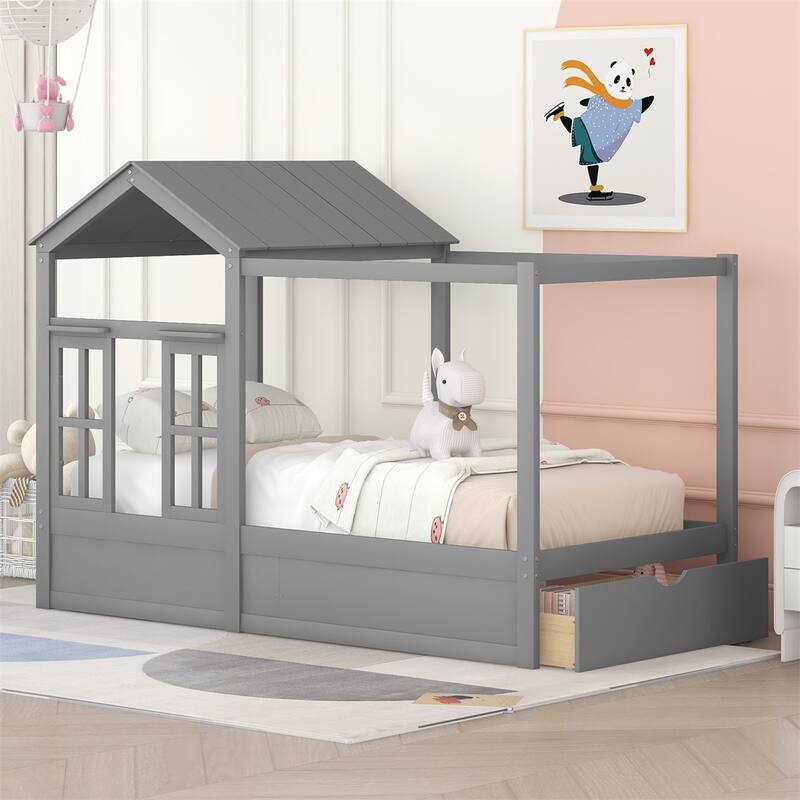 Merax House Bed with Roof, Window and Drawer