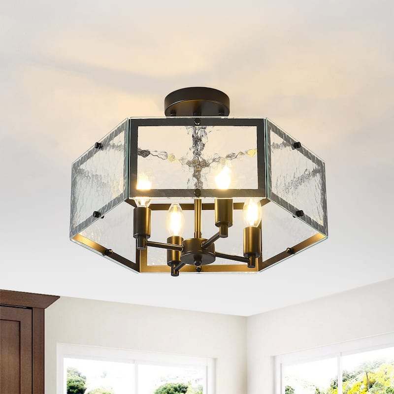 6 Light Glass Geometric Semi Flush Mount - Matte black