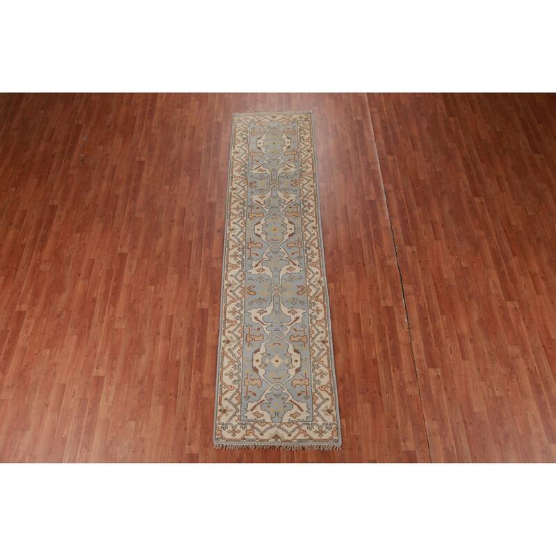Light Blue Oushak Oriental Runner Rug Handmade Wool Carpet - 2'6" x 10'1"