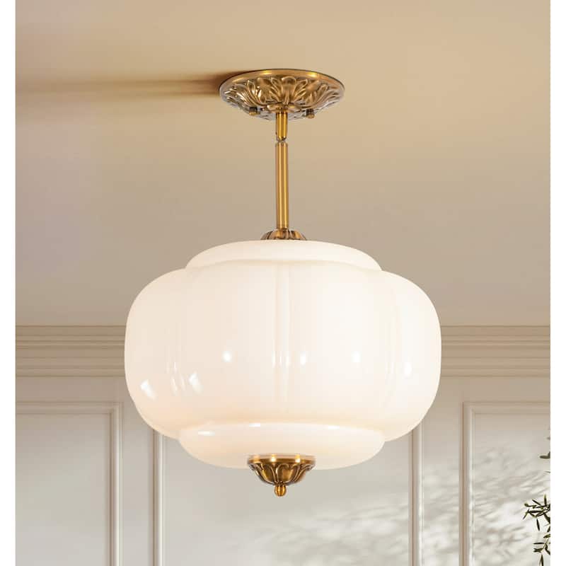 1-Light Retro Antique Brass Pumpkin Shaped Flush Mount Ceiling Light/Pendant Light with Milk/Green Glass for Kitchen,Dining Room - Gold/White