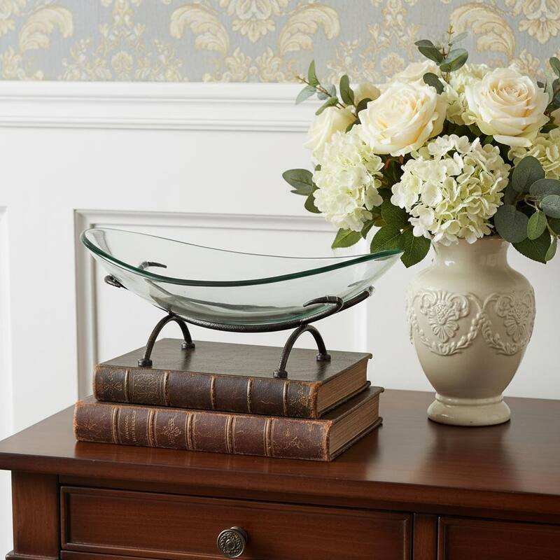 HomeRoots 17" Clear And Black Glass And Metal Oval Decorative Bowl With Stand - 17.25 in. x 7.00 in. x 11.50 in. - Clear/Black