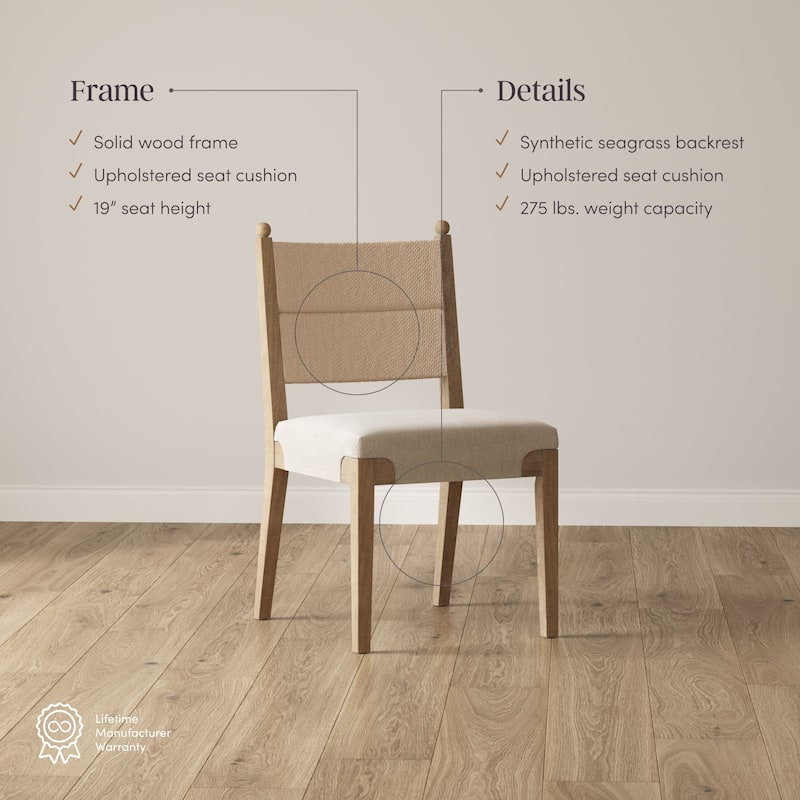 Cove Boho Solid Wood Dining Chair with Woven Seagrass Back and Upholstered Seat