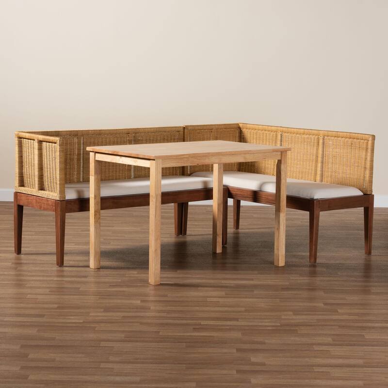 Tabanan Modern Bohemian Natural Brown Rattan and Brown Acacia Wood 3-Piece Dining Nook set