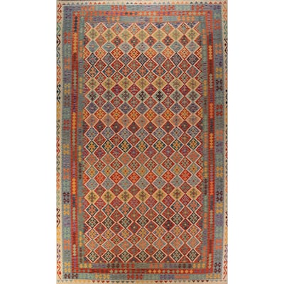 All-Over Trellis Kilim Oriental Large Rug Hand-Woven Wool Carpet - 10'4"x 16'1"