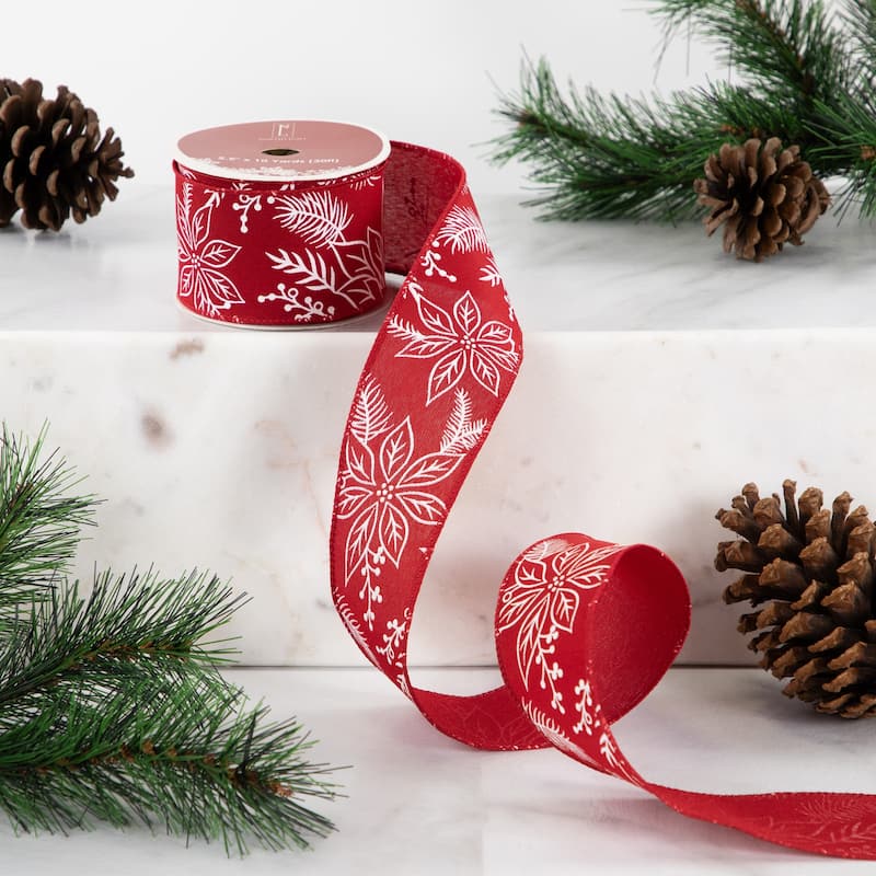 Red and White Floral Print Wired Craft Christmas Ribbon 2.5" x 10 Yards