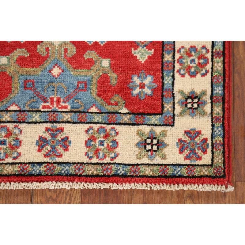 Red Geometric Kazak Oriental Foyer Rug Hand-Knotted Wool Carpet - 1'11" x 3'1"