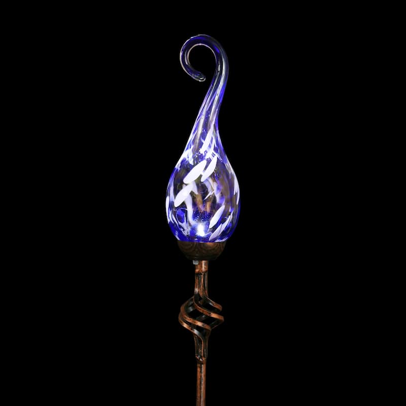 Exhart Solar Hand Blown Pearlized Glass Spiral Flame Garden Stake with Metal Finial Detail, 36 Inch
