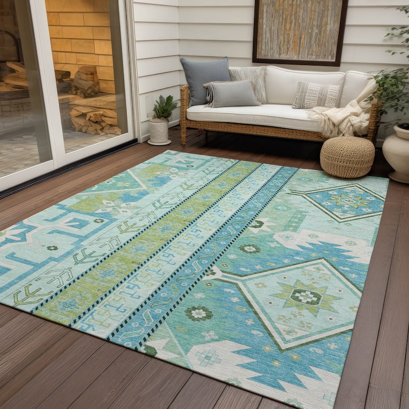 Machine Washable Indoor/ Outdoor Boho Tribal Chantille Rug - Mint - 9' x 12'
