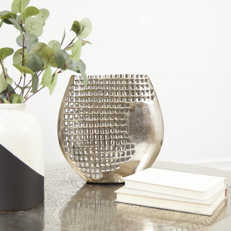 Aluminum Metal Abstract Grid Inspired Decorative Vase with Open Frame Design - Dark Gray - Roche River Decor