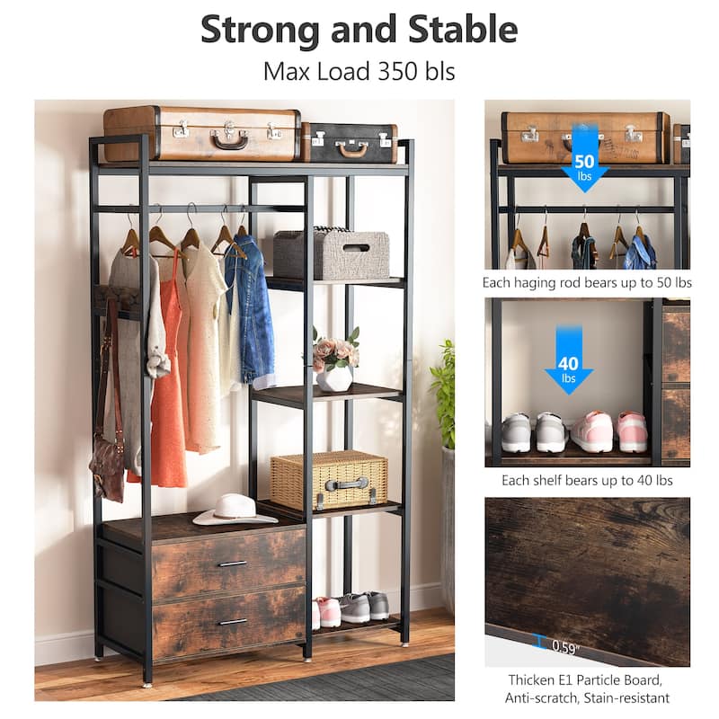 Heavy-Duty Garment Rack with 2 Drawers Shelves, Hanging Rod, Freestanding Closet Organizer, Large Open Wardrobe Closet