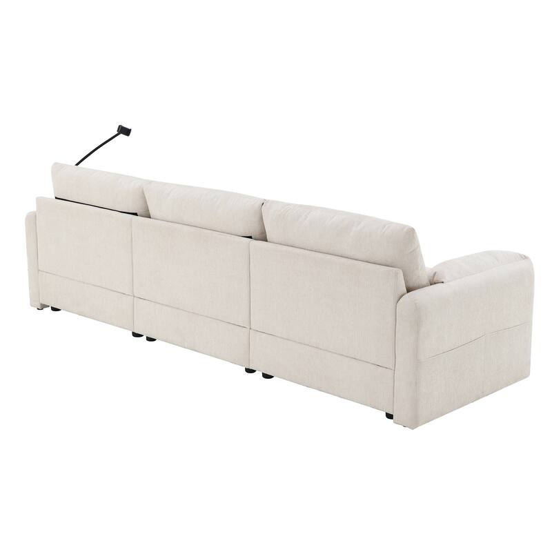 L Shaped Wide Seat Chenille Sectional Sofa w/ Storage Ottoman, Pockets, USB