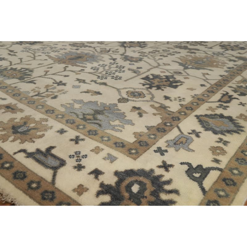 Earth Tone Oushak Area Rug Hand-Knotted Beige Floral Wool Carpet - 9'1" x 11'8" - Ivory/Beige - 9'1" x 11'8"