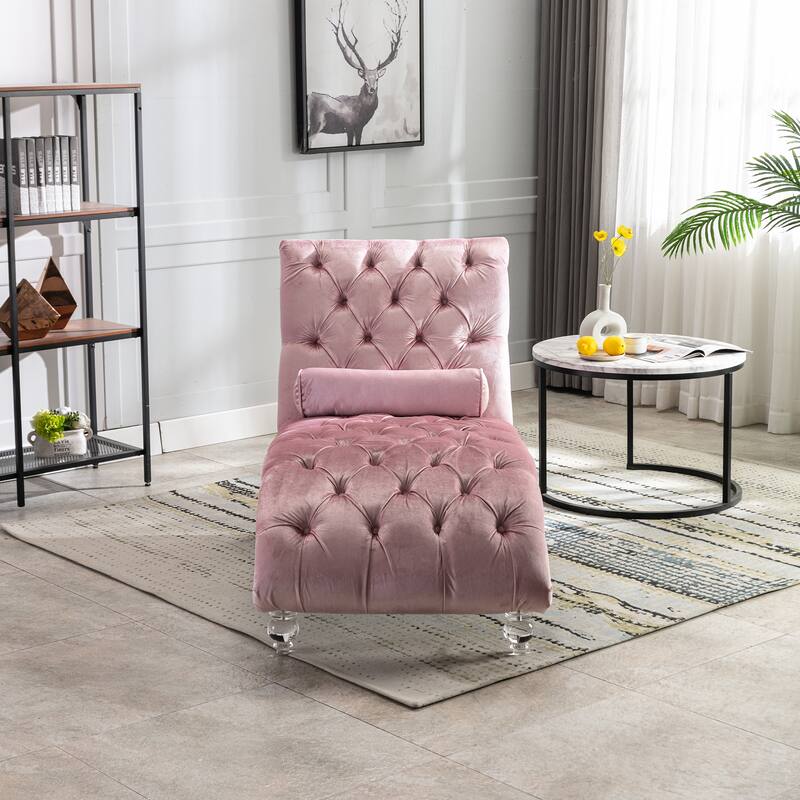 Velvet Tufted Chaise Lounge Chair Ergonomic S Shape Recliner with Pillow, Nailhead Trim and Acrylic Legs for Indoor Use