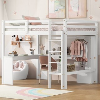 Full Loft Kids Bed with L-shaped Desk, Wardrobe, Storage Shelves, Integrated Ladder, Guardrails & secured wood slats, White