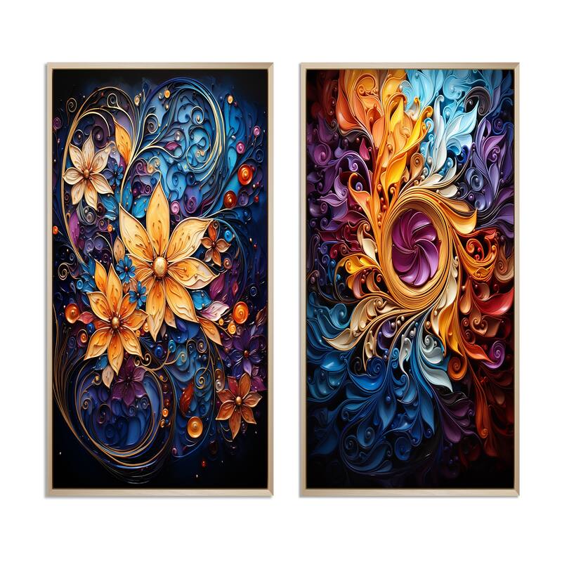 Designart "Spiral Kaleidoscope" Abstract Spirals Framed Wall Art Set Of 2 - Gold Gallery Wall Set For Home Decor