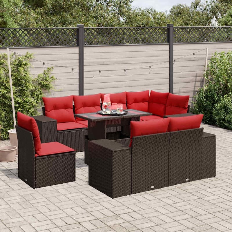 vidaXL Patio Sofa Set with Cushions Table and Couches 9 Piece Poly Rattan - Brown - 24.4" x 24.4" x 27.2"