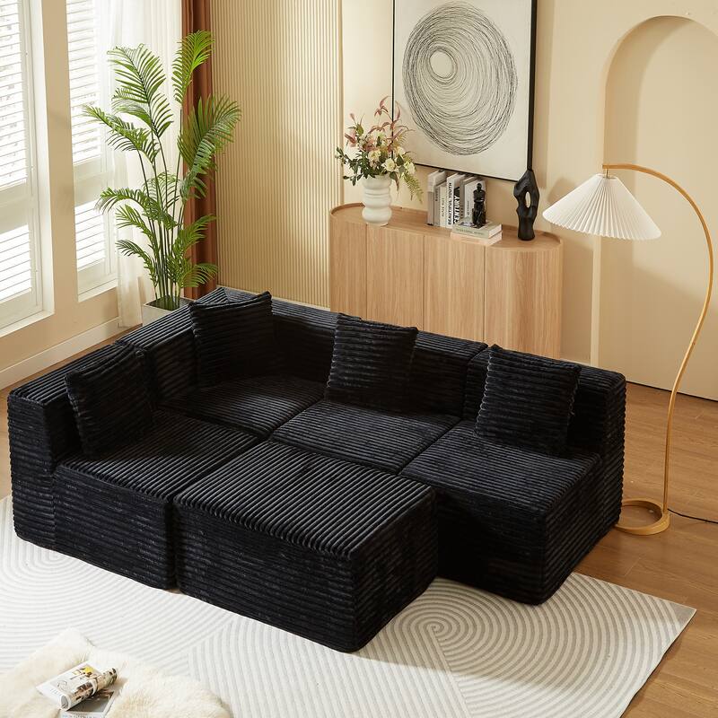 Modular Sectional Corduroy Sofa with Deep Seat, L-Shape, Black, Easy Assembly