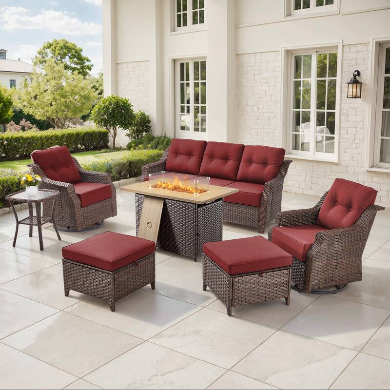 Gymojoy Wicker Patio Furniture Sofa Set with Fire Pit Table, 6-Inch Ultra Thick Cushioned 360° Swivel Glider Chairs