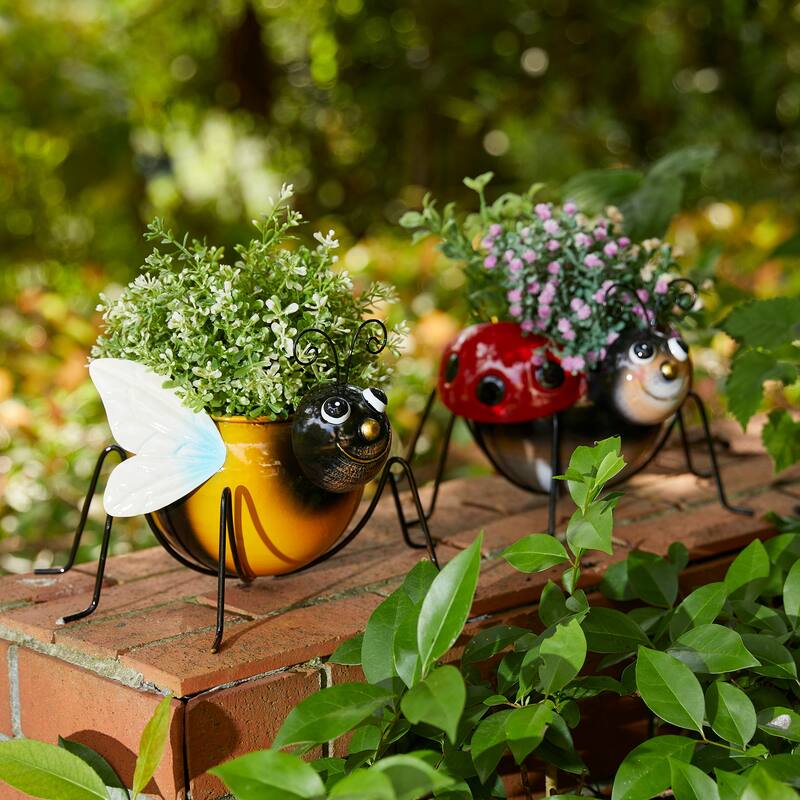 Glitzhome 10"W Set of 2 Metal Bee and Ladybug Statue Planter with Drainage Hole