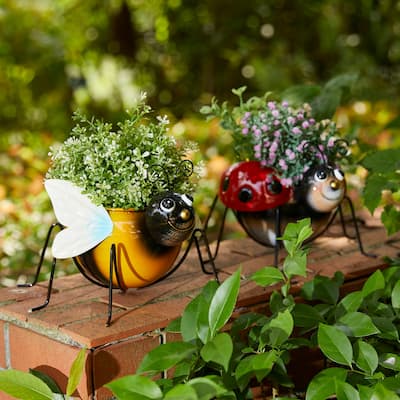 Glitzhome 10"W Set of 2 Metal Bee and Ladybug Statue Planter with Drainage Hole