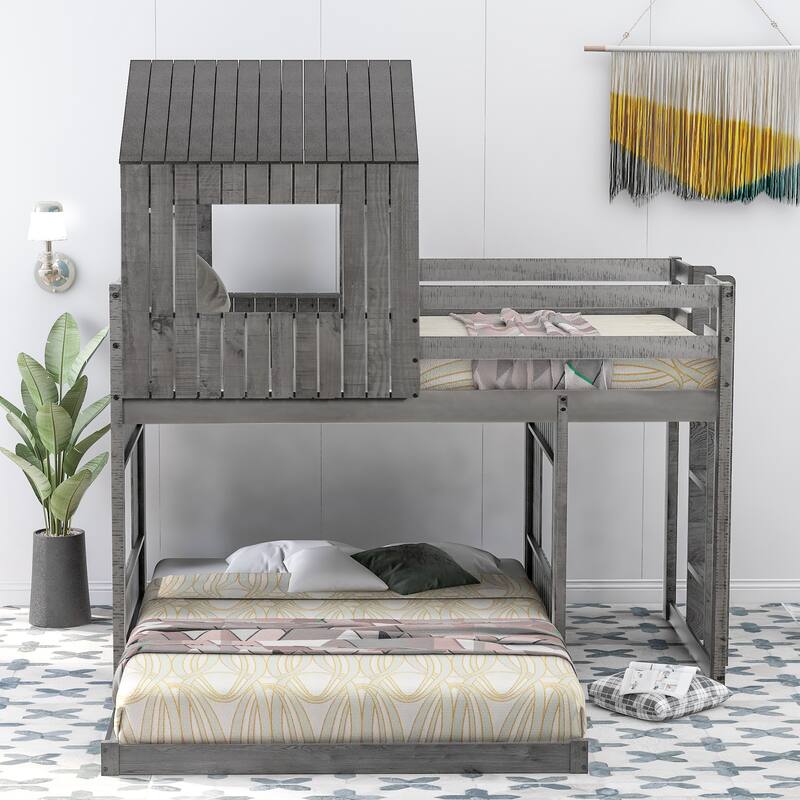 Wooden Twin Over Full Bunk Bed with Playhouse Design, Loft Bed with Ladder and Guardrails, Farmhouse Style