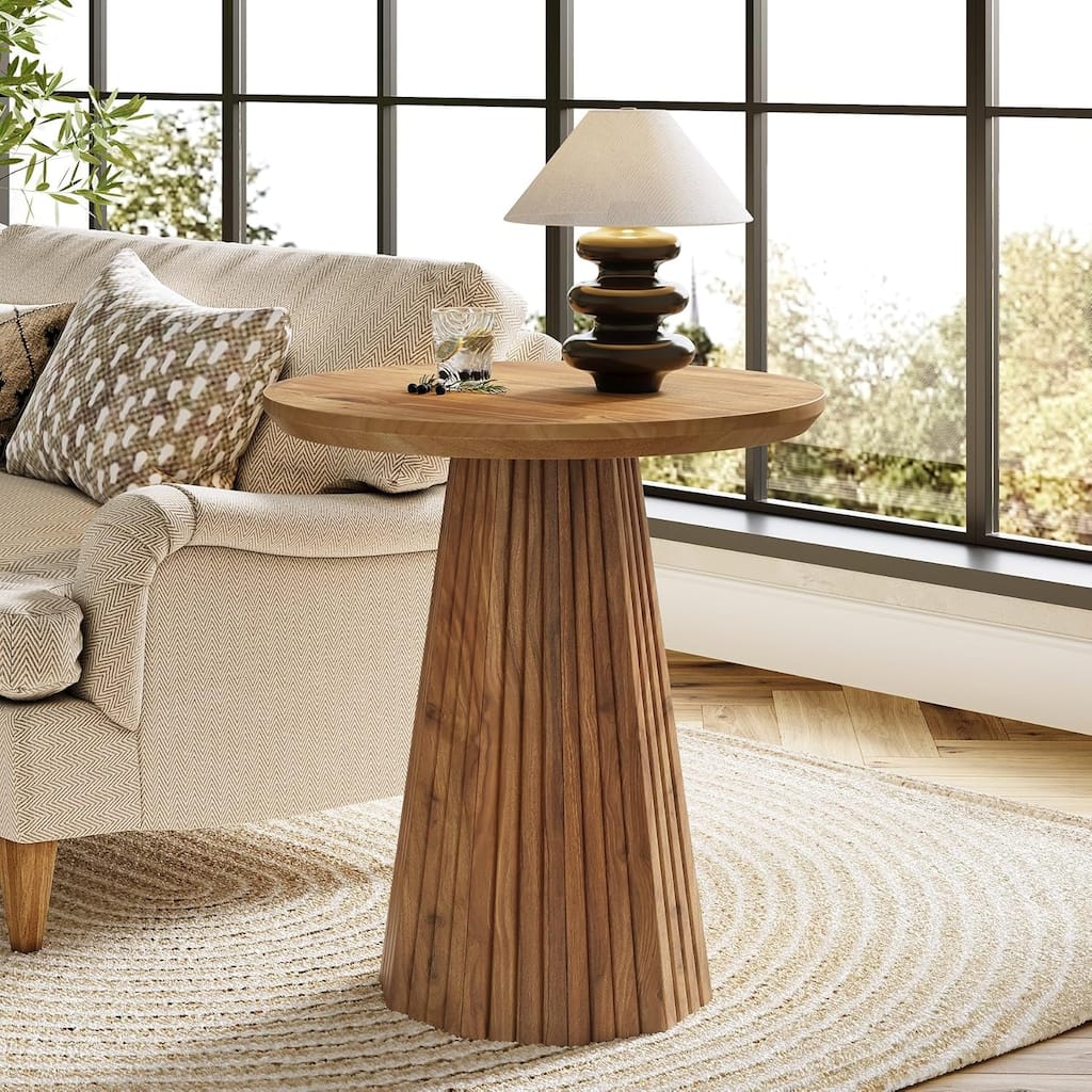 19-inch Solid Wood Small Round Pedestal Side/End/Bedside Table with Fluted Base