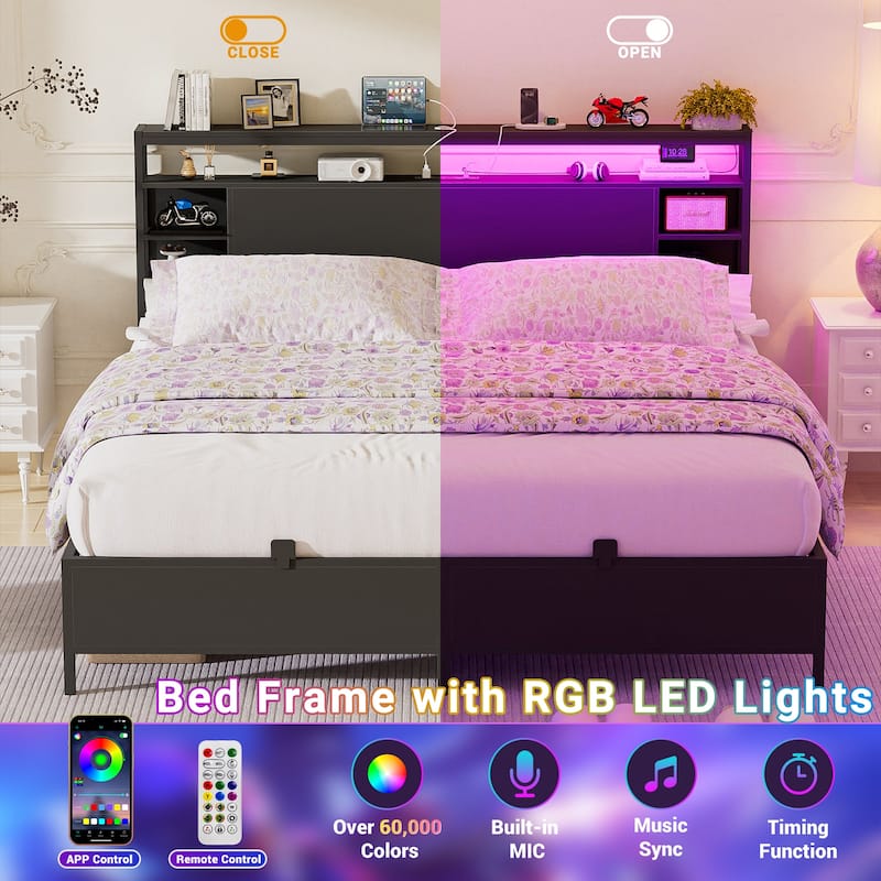 Bed Frame with Charging Station and RGB LED Lights, Sturdy Platform Bed with Storage Headboard,