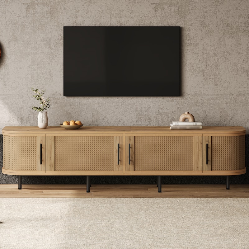 70" Modern TV Stand with Rattan Doors for TVs up to 80", Media Console with Storage Space & Cable Holes, Entertainment Center - Natural Wood