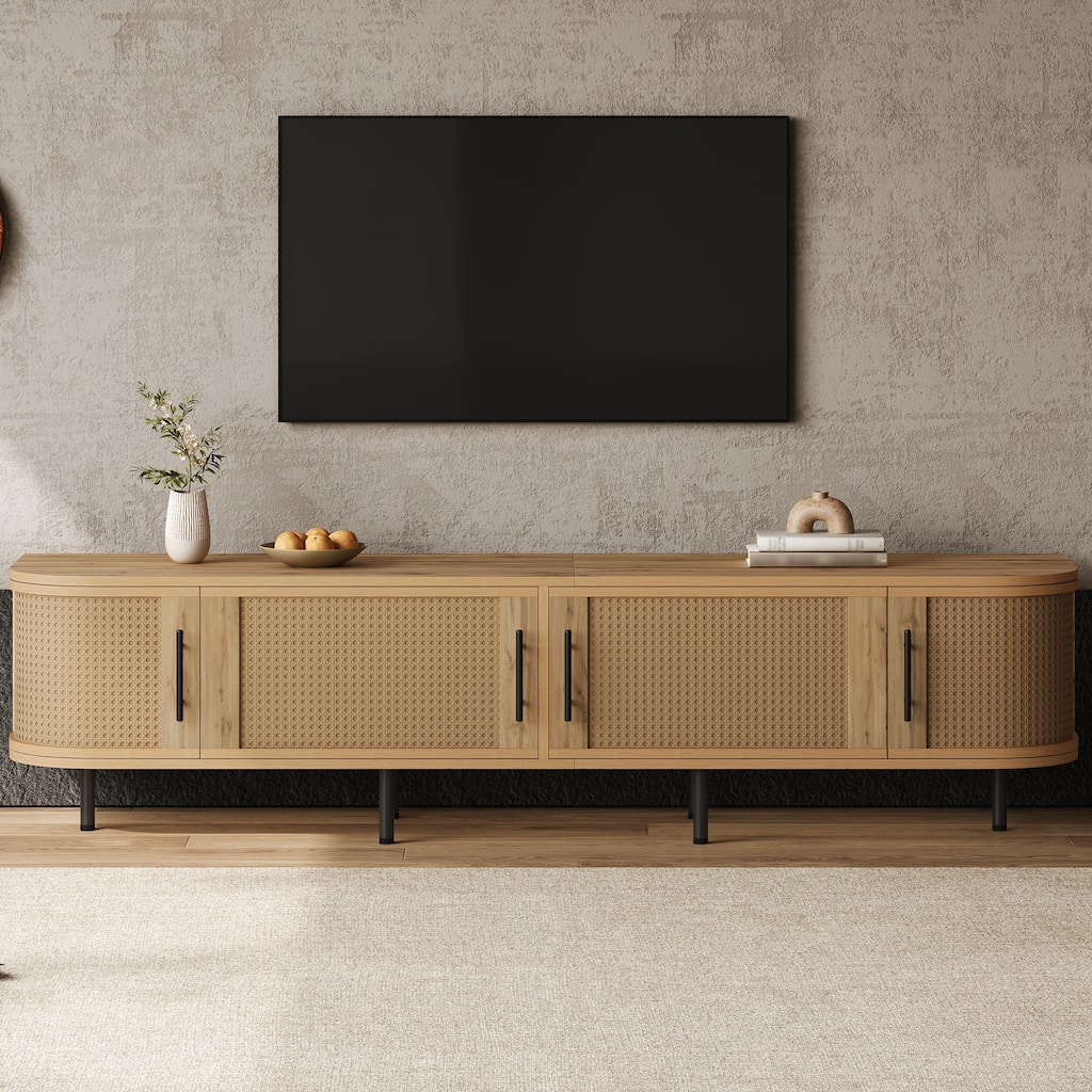70" Modern TV Stand with Rattan Doors for TVs up to 80", Media Console with Storage Space & Cable Holes, Entertainment Center