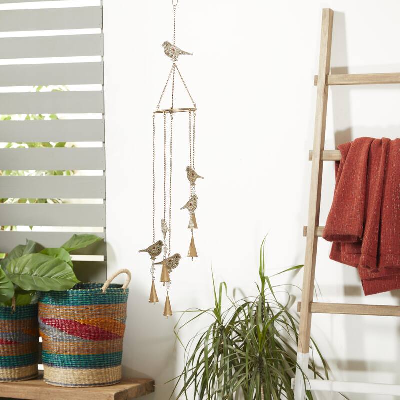 Metal Bird Handmade Embellished Indoor Outdoor Windchime with Glass Beads and Cone Bells - Gold - Roche River Decor