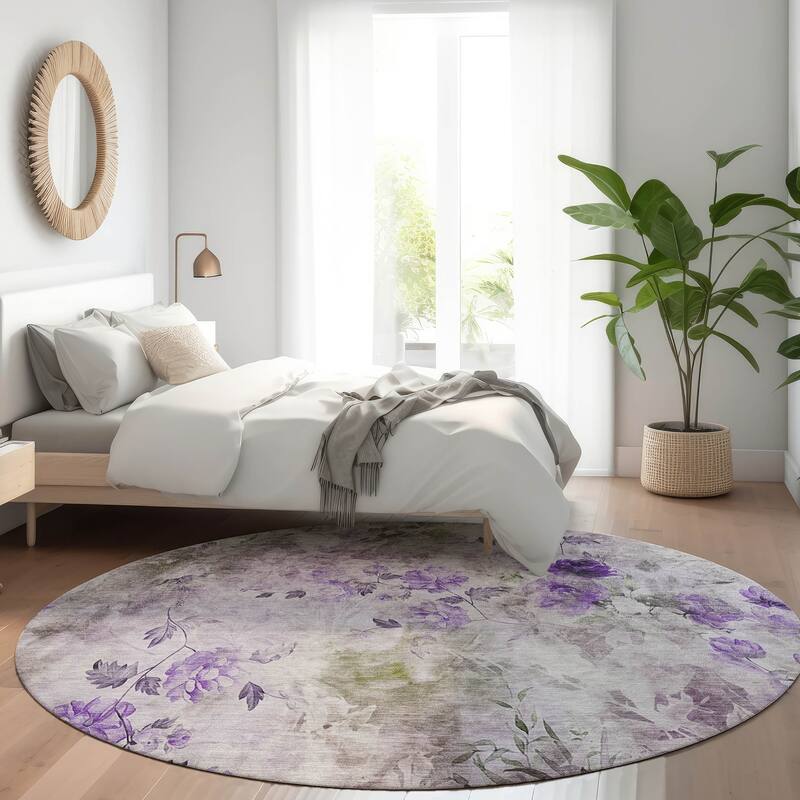 Machine Washable Indoor/ Outdoor Chantille Vanishing Floral Rug - Purple - 8' x 8'