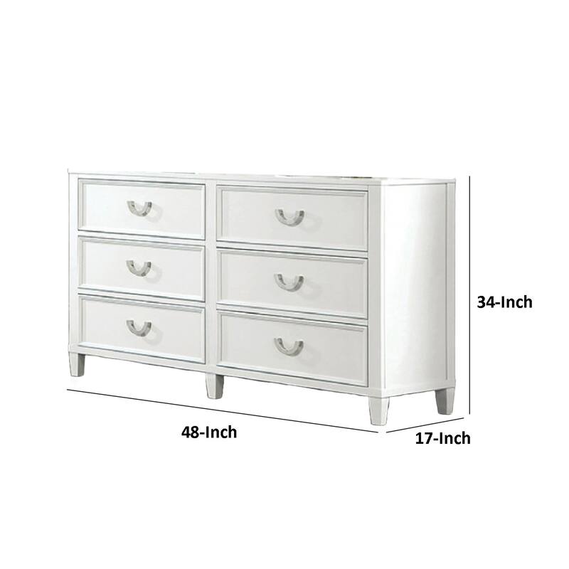 Kiki Wide Dresser with 6 Drawers, Bracket Feet, White Solid Wood