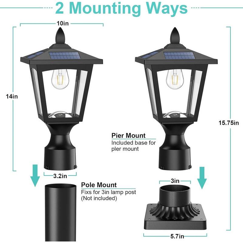 Solar Post Lights Outdoor Waterproof IP44, Warm White LED Lamp for Garden, Pathway, Driveway, Fence, Patio Decor - 15.75''