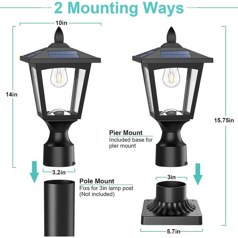 Solar Post Lights Outdoor Waterproof IP66 Warm White LED Lamp - 15.75''