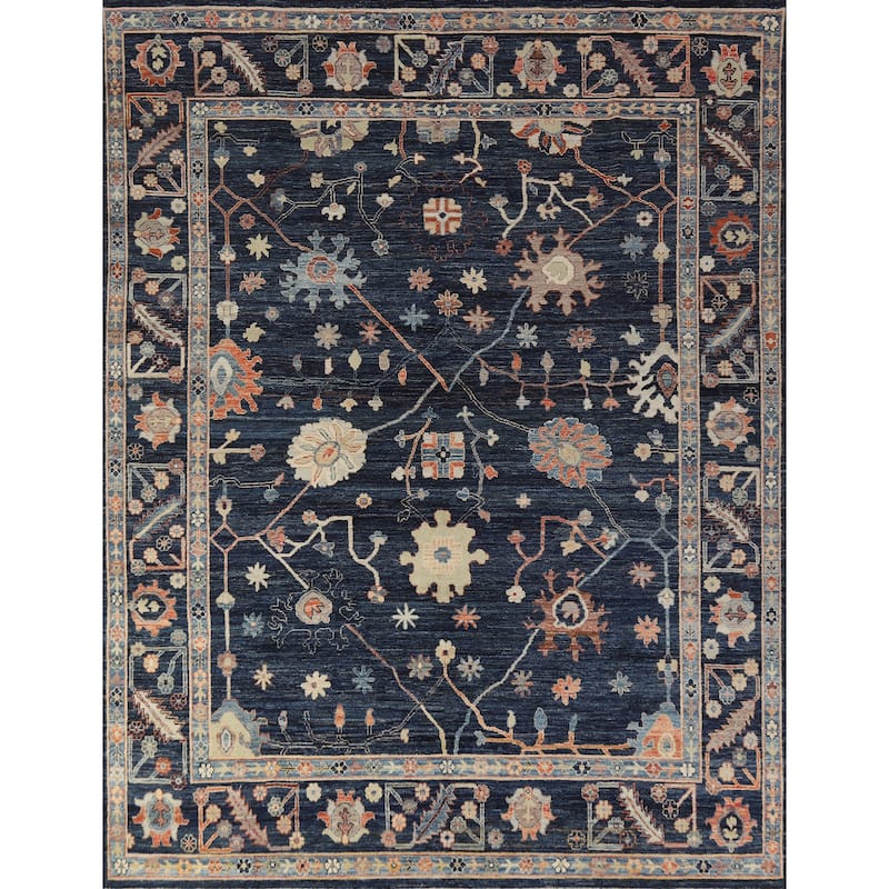 Hand Knotted Oriental 100% Wool Carpet Transitional All-Over Navy Blue & Blues Oushak Area Rug - 9' 9'' X 8' 2''