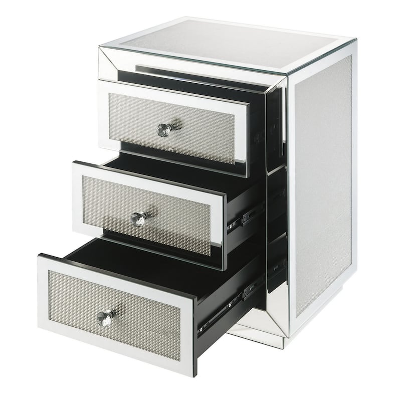 3 Drawer Mirrored Accent Table with Faux Diamond Inlay, Silver