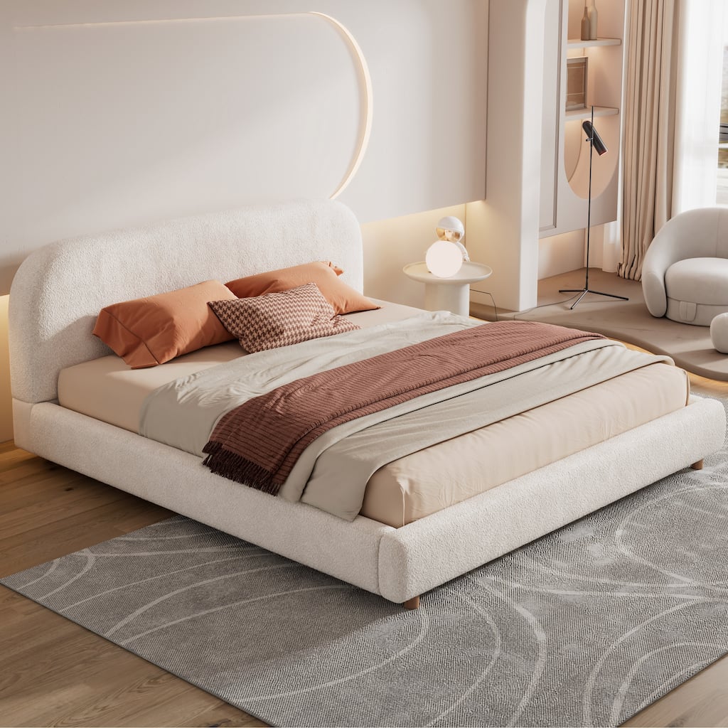 King Size Platform Bed with Boucle Fabric and Curved Headboard