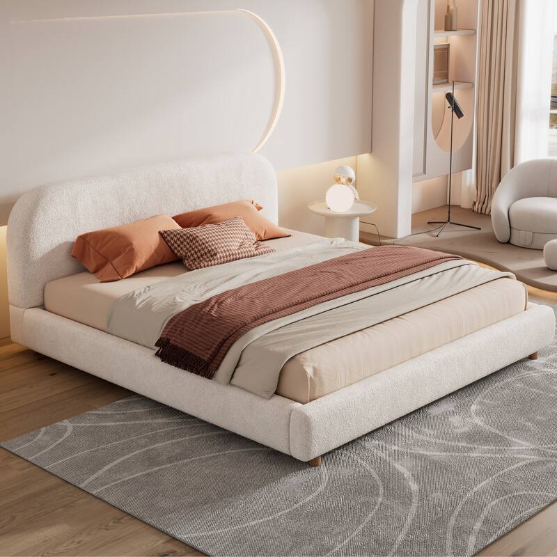 Low Profile Bed Wood Platform Bed Boucle Fabric Upholstered Bed with Curve-Shaped Design Headboard, No Box Spring Needed