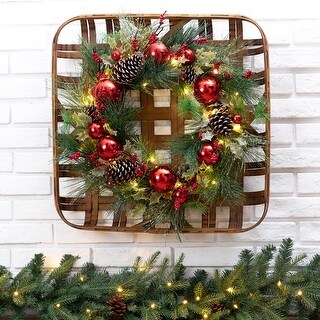 24"D Pre-Lit Ball Berry Holly Pinecone & Ornament Wreath with Tobacco Basket Set