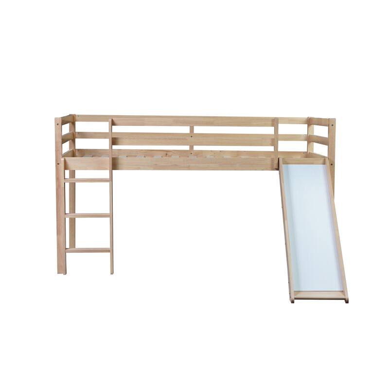 Twin Low Loft Bed with Slide, Ladder, and Storage Space, Rubber Wood Construction with High Guardrails for Safety