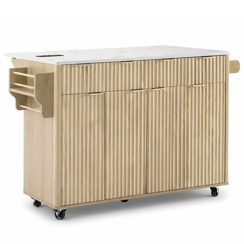 55.5" Fluted Storage Kitchen Island with Drop Leaf and Power Outlet and 3 Drawers