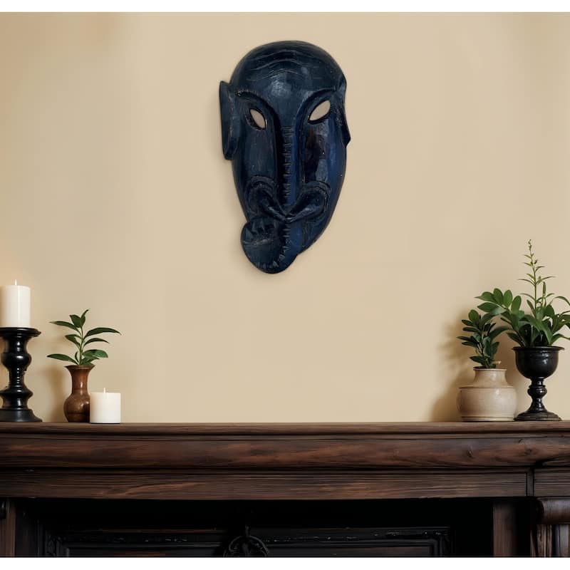 HomeRoots 10" Black Distressed Solid Wood Decorative Mask - 6" W x 9.5" H - 6" W x 9.5" H - Black