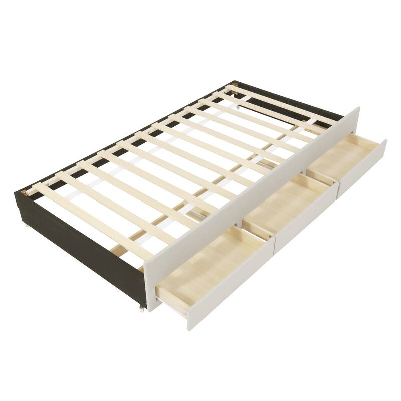 Twin Size Wood Bed Frame Linen Fabric Upholstered Platform Bed with 3 Drawers and Trundle, No Box Spring Needed,Beige